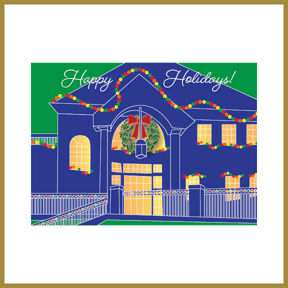 holiday card with illustration of client's office building ©2019 Susan Hill